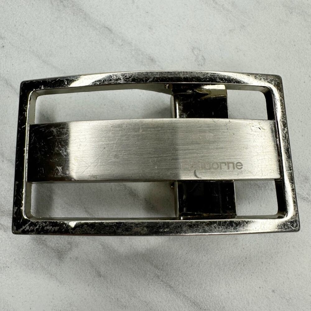 Claiborne Clamp On Belt Buckle Silver Tone Rectangular Brushed Logo ✨